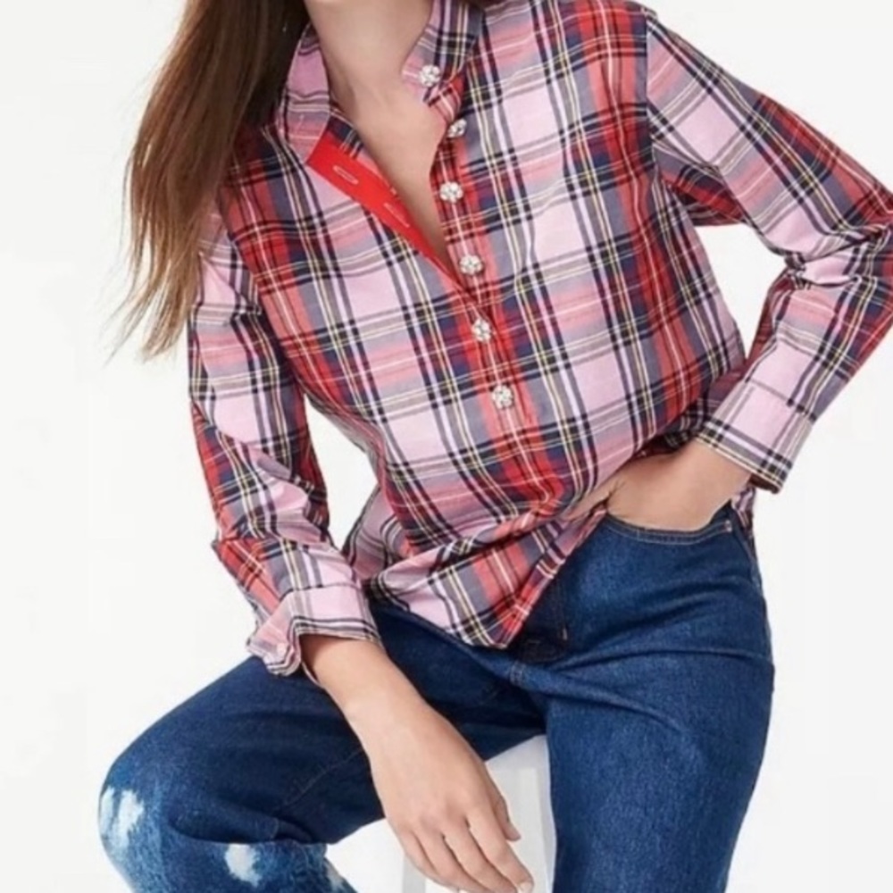 J CREW Band Collar Pink Stewart Tartan Popover NWT